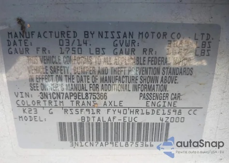 2014 Nissan Versa 1.6 S from USA, damaged, VIN 3N1CN7AP9EL875366